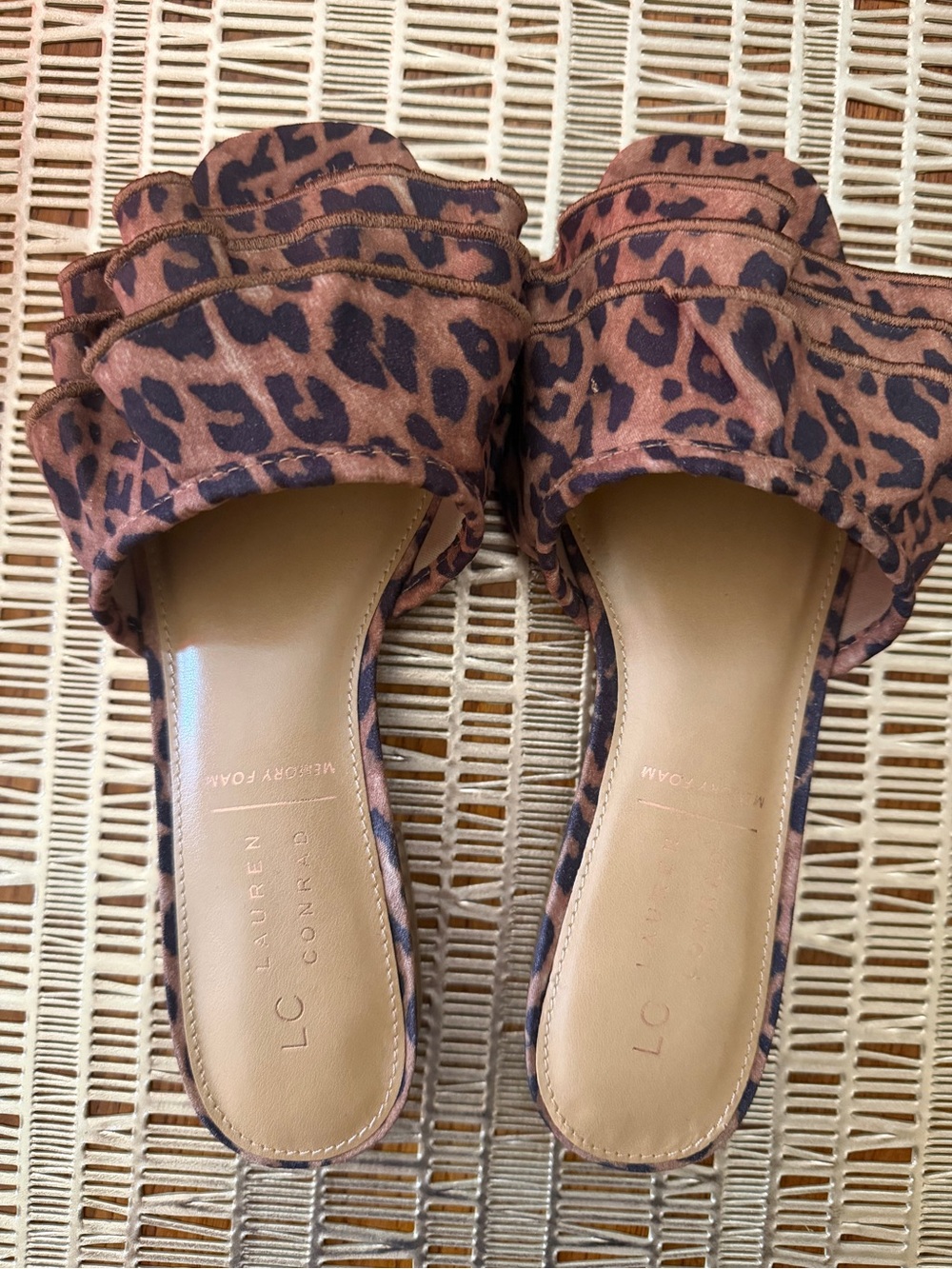 LC Lauren Conrad Leopard Ruffle Slide Sandals in Brown and Black